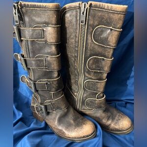 Brown Knee-High motto buckle boots
